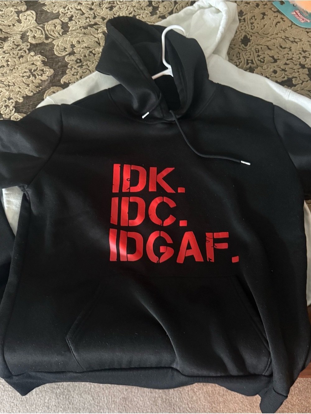 Gildan Black Hoodie with Red IDK, IDC, IDGAF